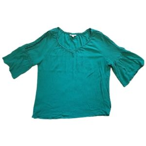 Green Open Shoulder Blouse with flutter sleeves and crochet trim in Size 2X